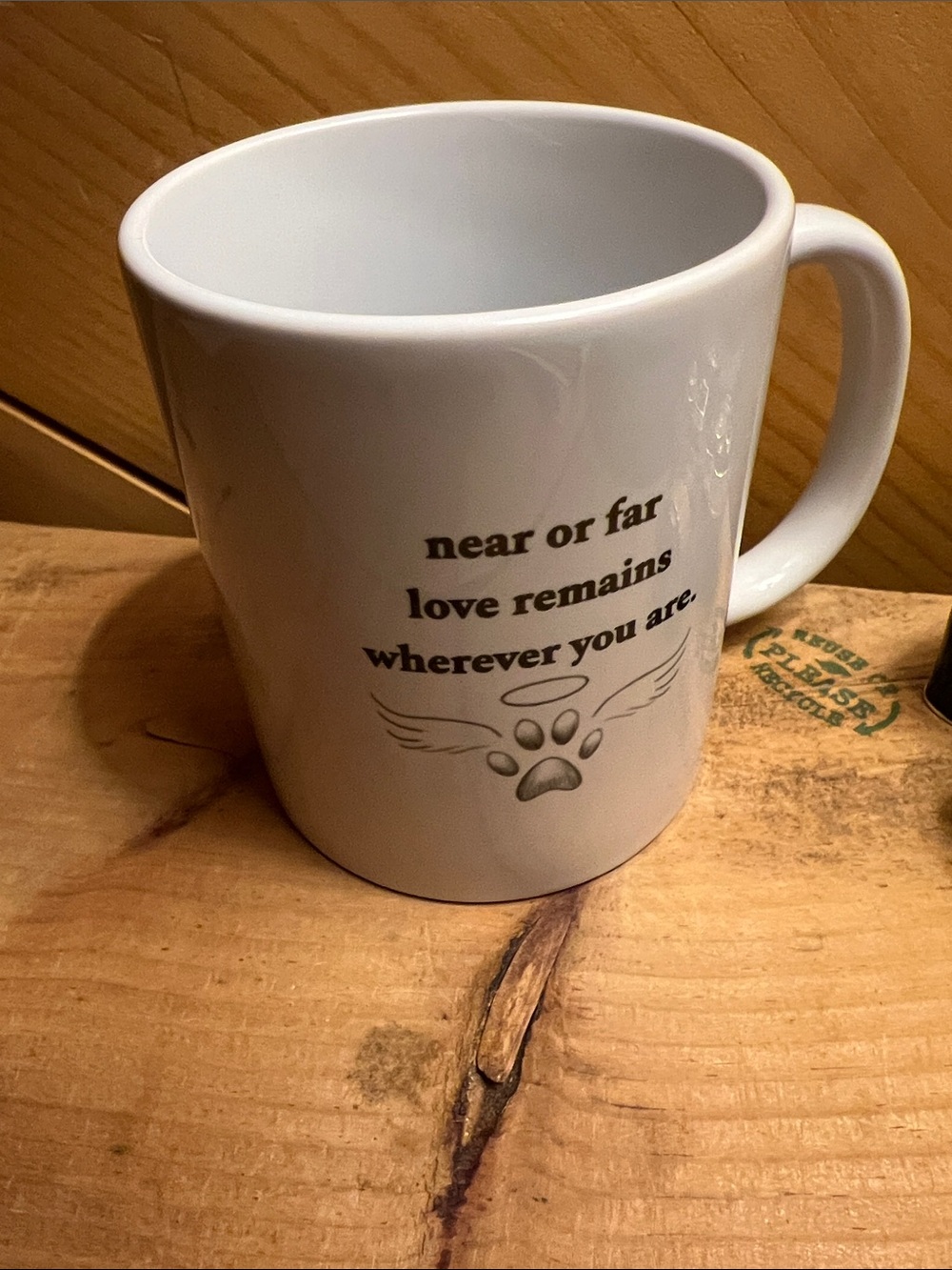 Paw in Hand with Heart Near or Far Love Remains Wherever You Are pet loss Mug - Picture 3 of 16